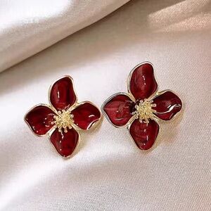 Crimson Blossom Gold-Trim Earrings